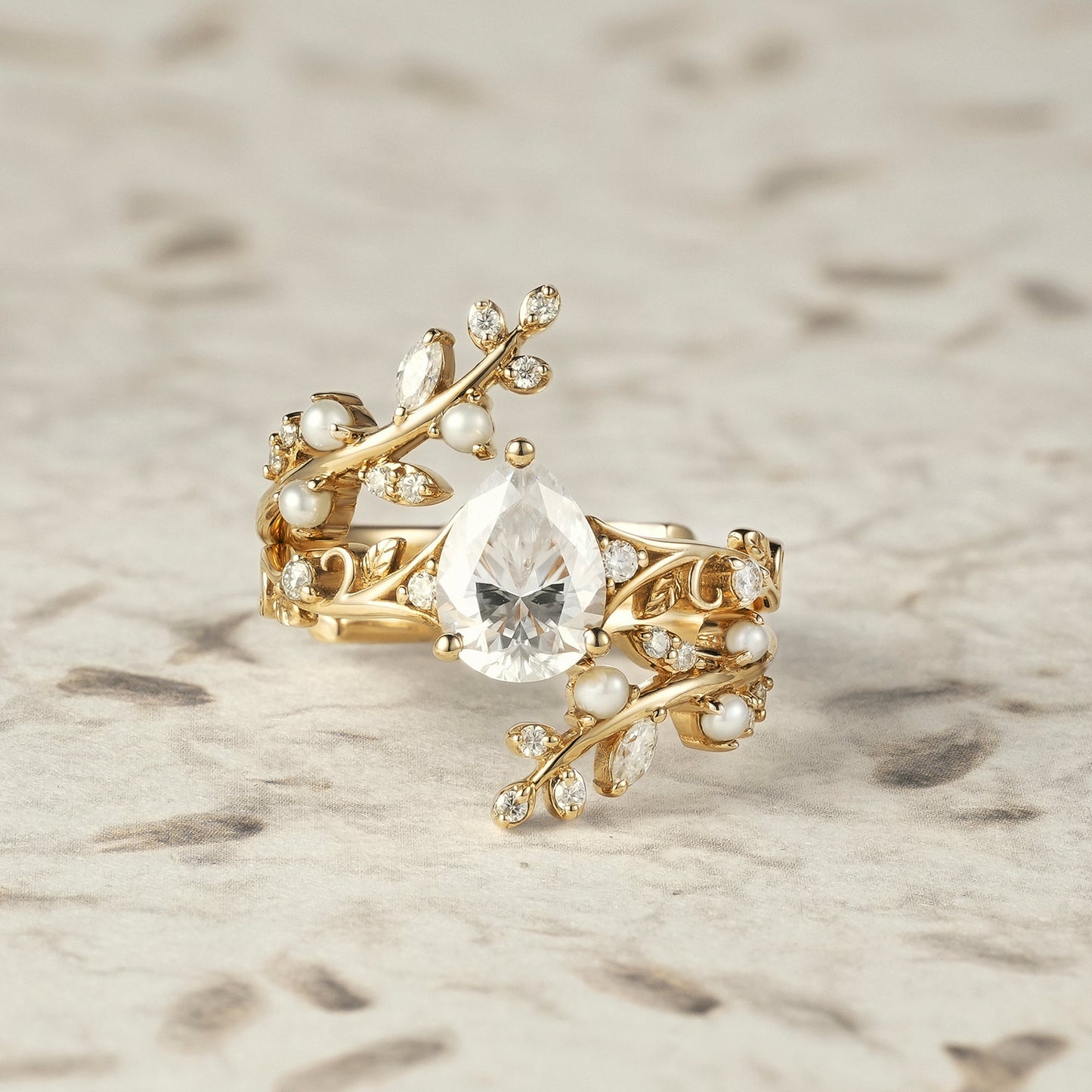 Aphrodite's Enchanted Vine | Moissanite & Pearl Ring Set - Siobhan - GemsMagic