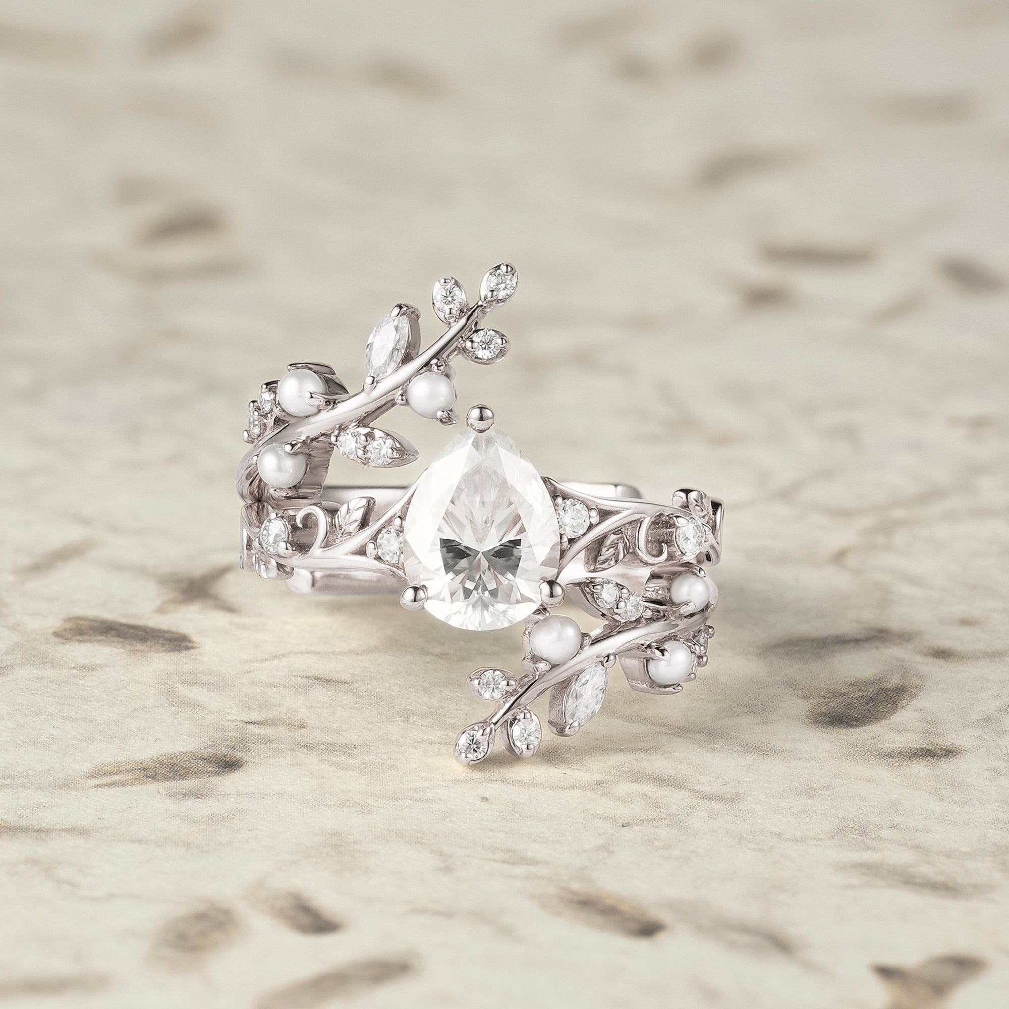 Aphrodite's Enchanted Vine | Moissanite & Pearl Ring Set - Siobhan - GemsMagic