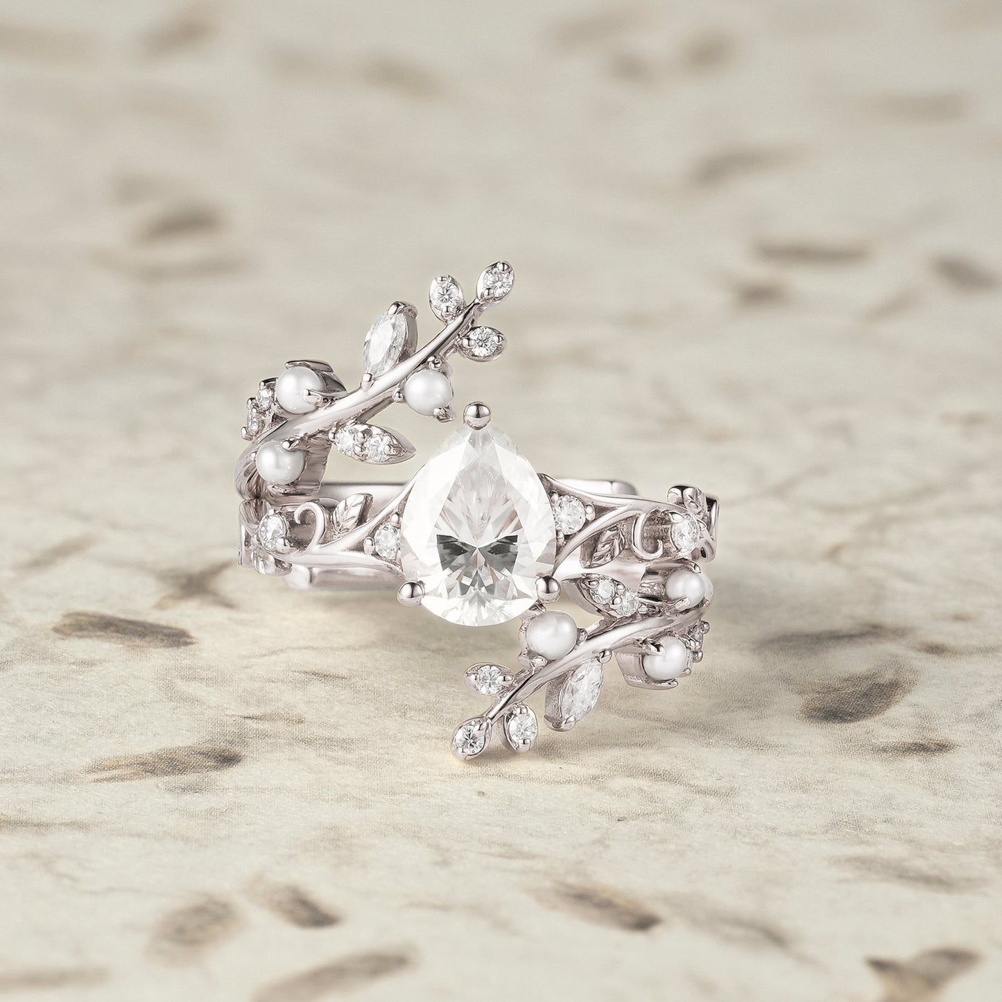 Aphrodite's Enchanted Vine | Moissanite & Pearl Ring Set - Siobhan - GemsMagic