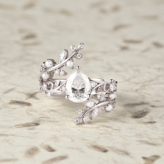 Aphrodite's Enchanted Vine | Moissanite & Pearl Ring Set - Siobhan - GemsMagic