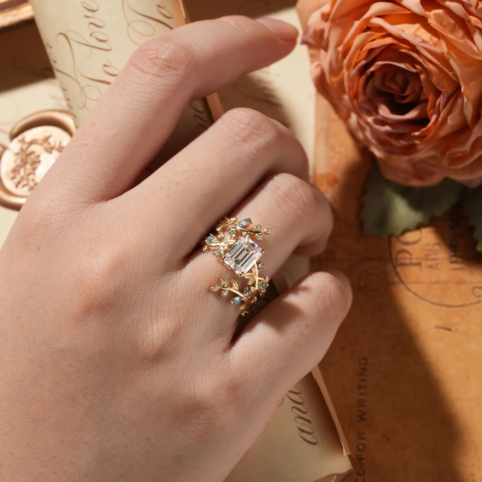 Aphrodite's Enchanted Vine| Moissanite Ring Set with Topaz - Novalie - GemsMagic