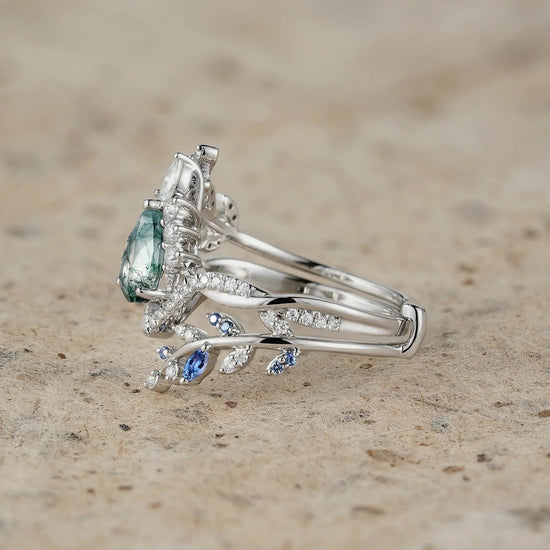 Aphrodite's Enchanted Vine| Moss Agate and Sapphire Crown Leaf Ring Set - Esme - GemsMagic
