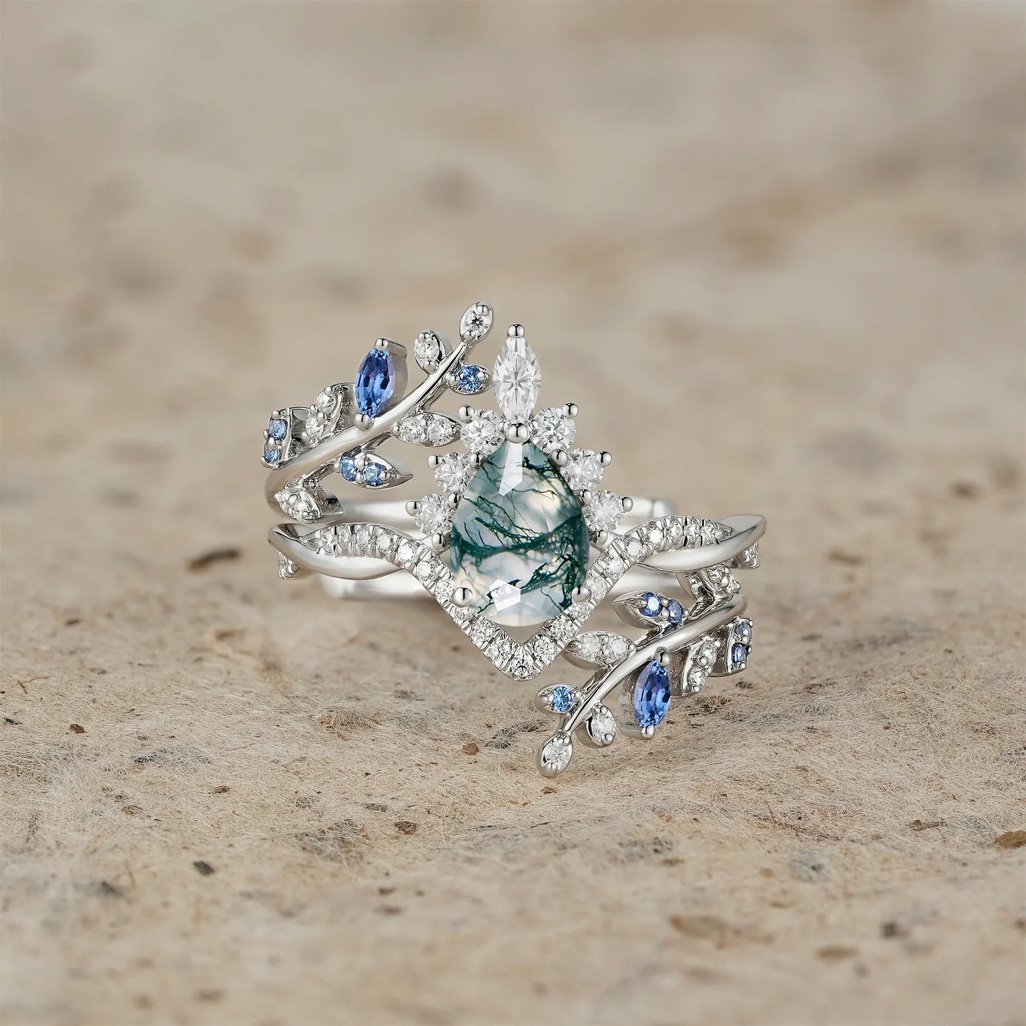 Aphrodite's Enchanted Vine| Moss Agate and Sapphire Crown Leaf Ring Set - Esme - GemsMagic