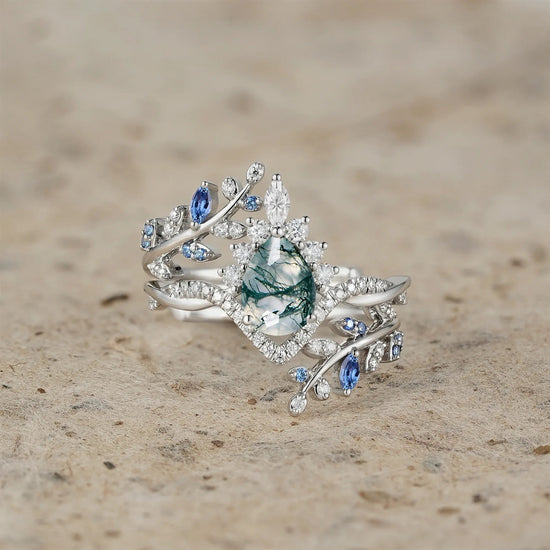 Aphrodite's Enchanted Vine| Moss Agate and Sapphire Crown Leaf Ring Set - Esme - GemsMagic