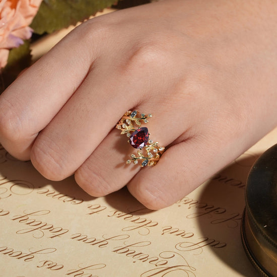 Aphrodite's Enchanted Vine | Pear Garnet Cross Nature Inspired Enhancer Ring Bridal Set - GemsMagic - GemsMagic