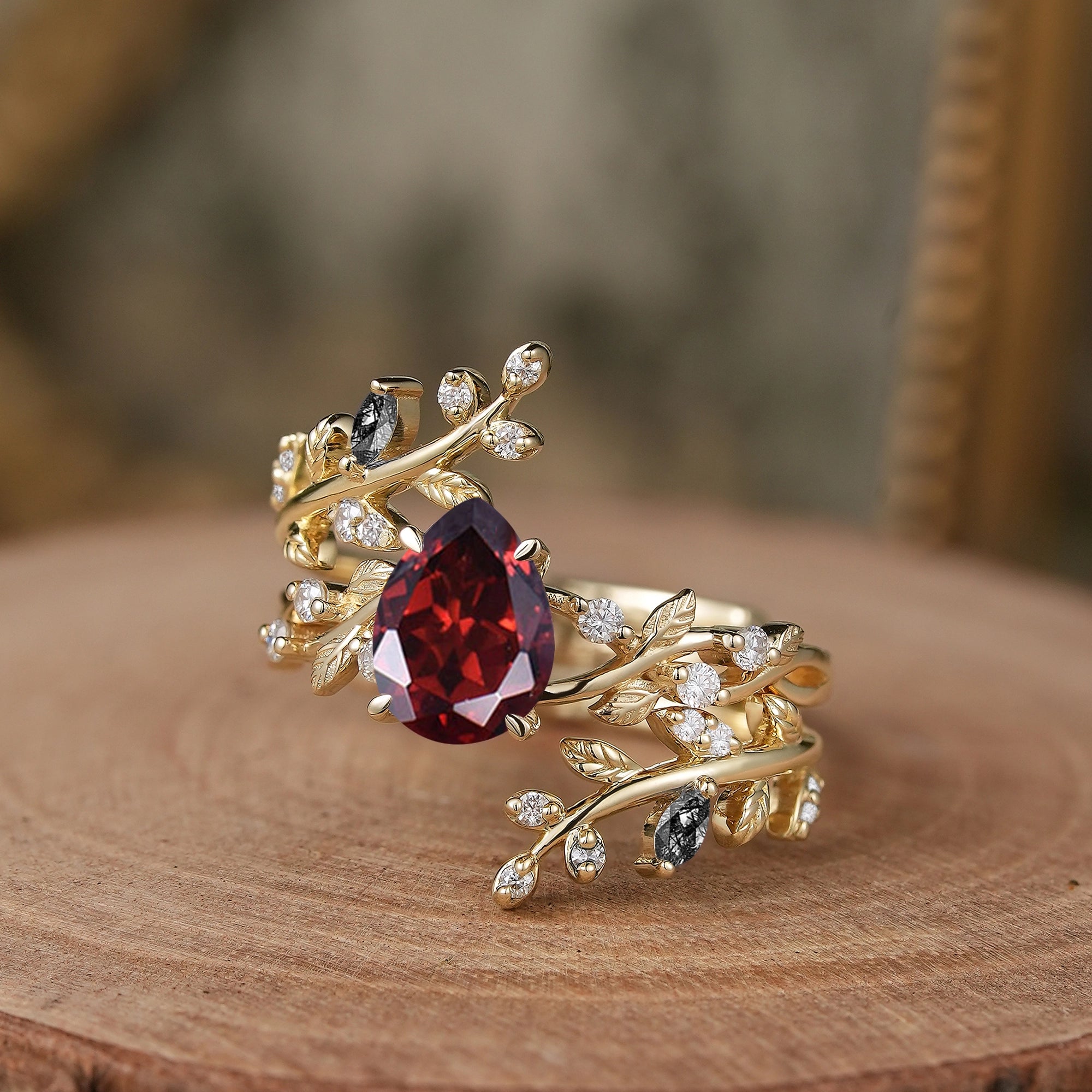 Aphrodite's Enchanted Vine | Pear Garnet Cross Nature Inspired Enhancer Ring Bridal Set - GemsMagic - GemsMagic