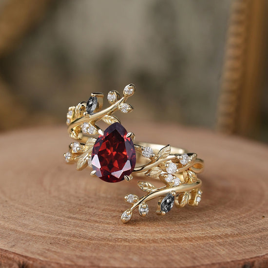 Aphrodite's Enchanted Vine | Pear Garnet Cross Nature Inspired Enhancer Ring Bridal Set - GemsMagic - GemsMagic