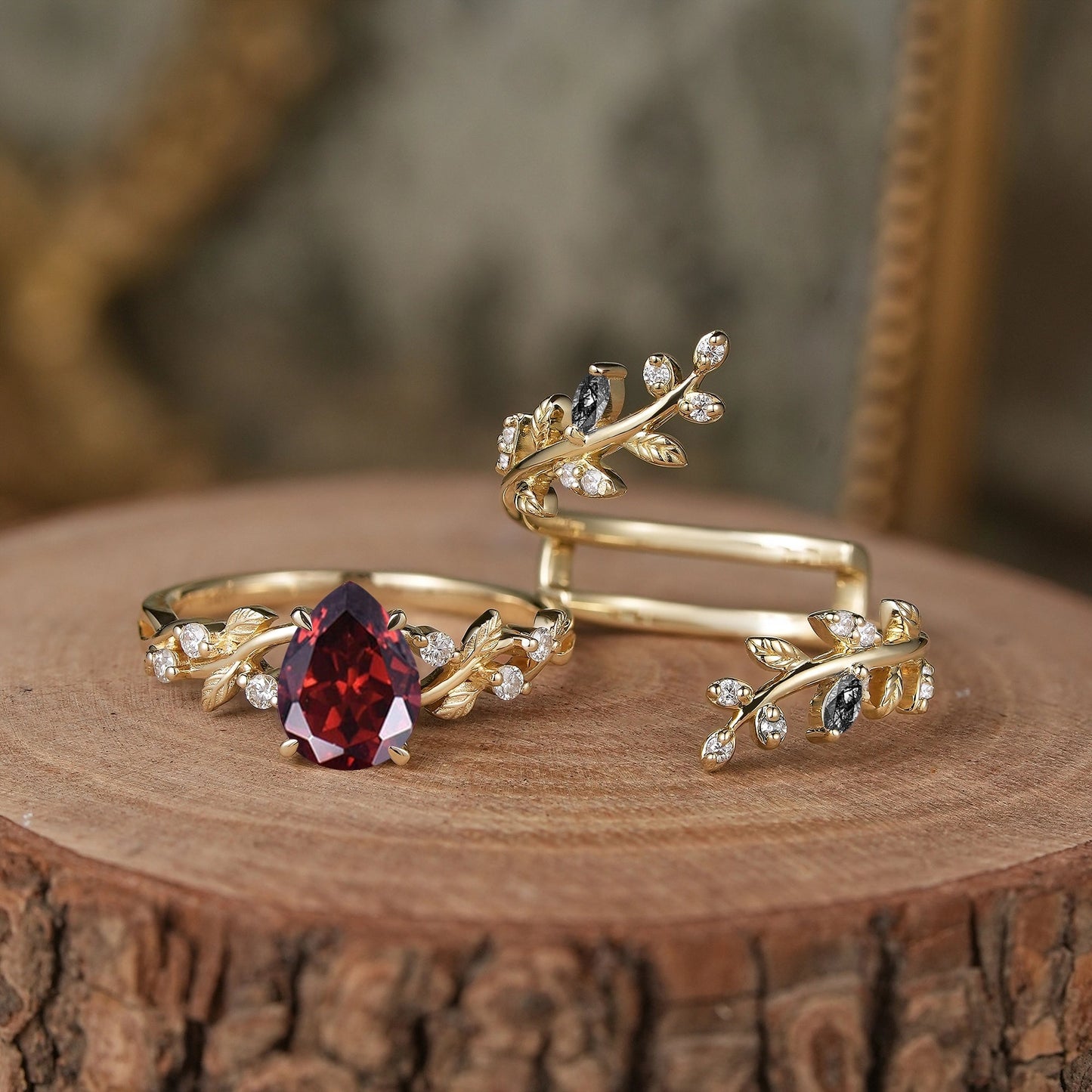 Aphrodite's Enchanted Vine | Pear Garnet Cross Nature Inspired Enhancer Ring Bridal Set - GemsMagic - GemsMagic