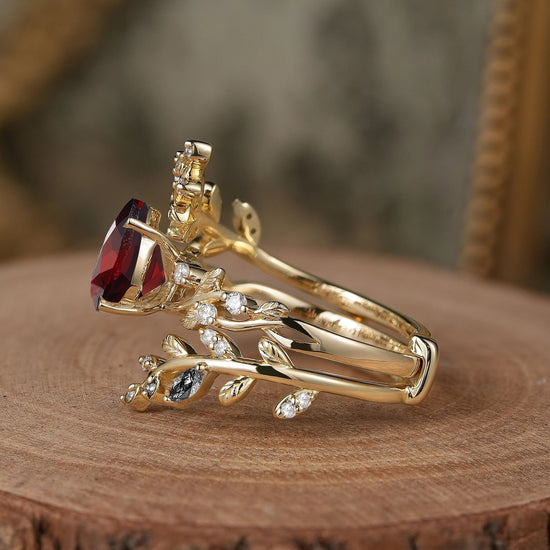 Aphrodite's Enchanted Vine | Pear Garnet Cross Nature Inspired Enhancer Ring Bridal Set - GemsMagic - GemsMagic