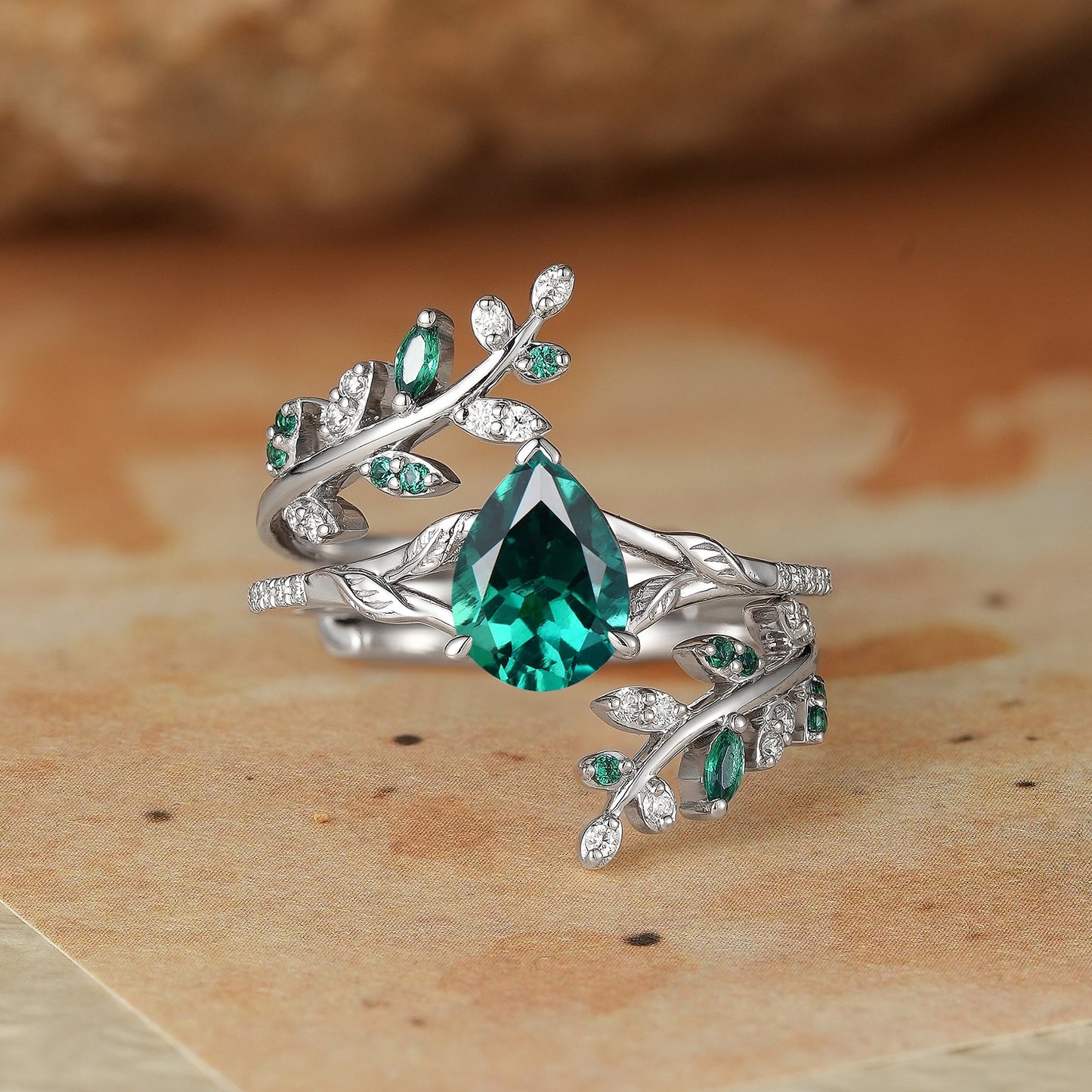 Aphrodite's Enchanted Vine | White Gold Emerald Engagement Ring Set - Marigold - GemsMagic