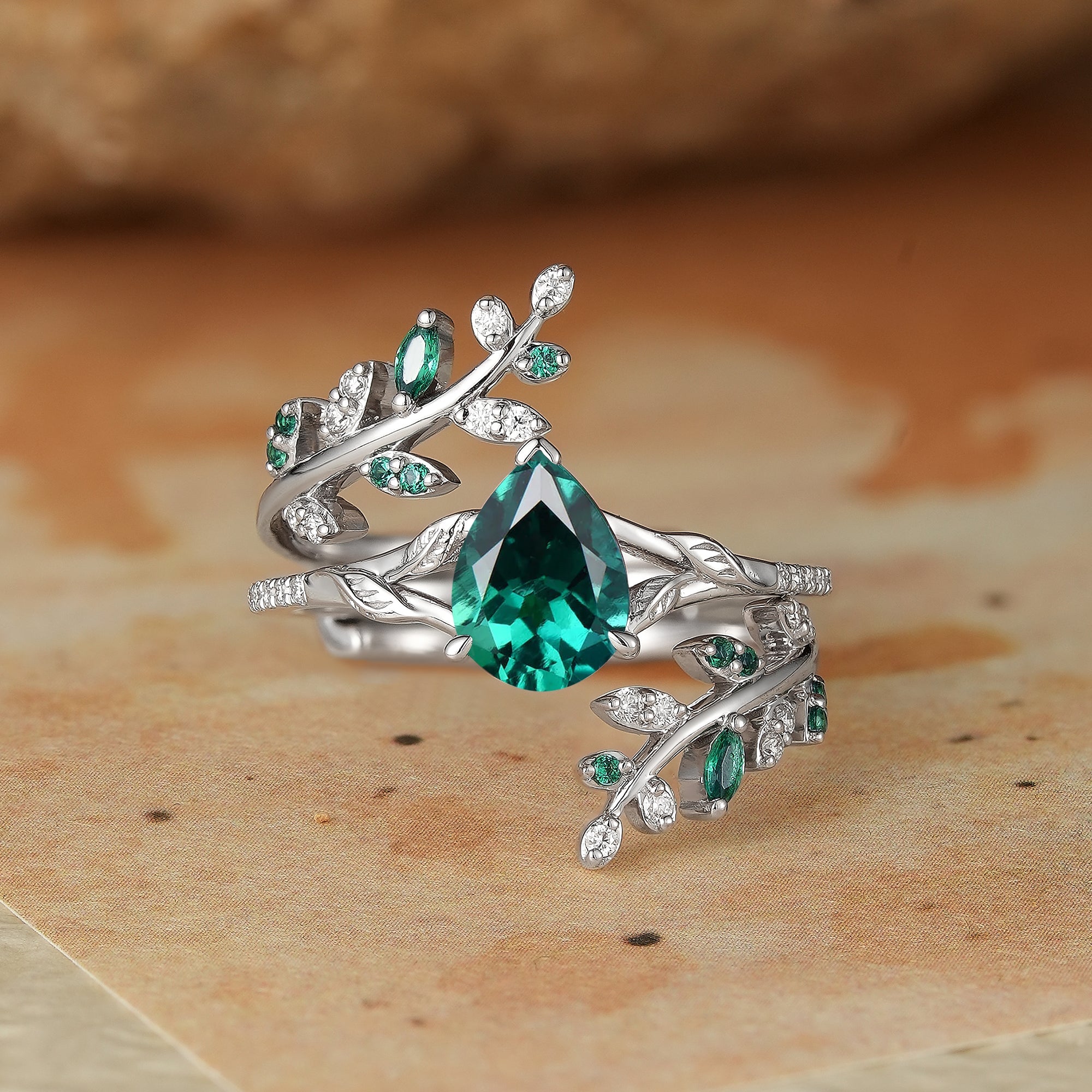 Aphrodite's Enchanted Vine | White Gold Emerald Engagement Ring Set - Marigold - GemsMagic