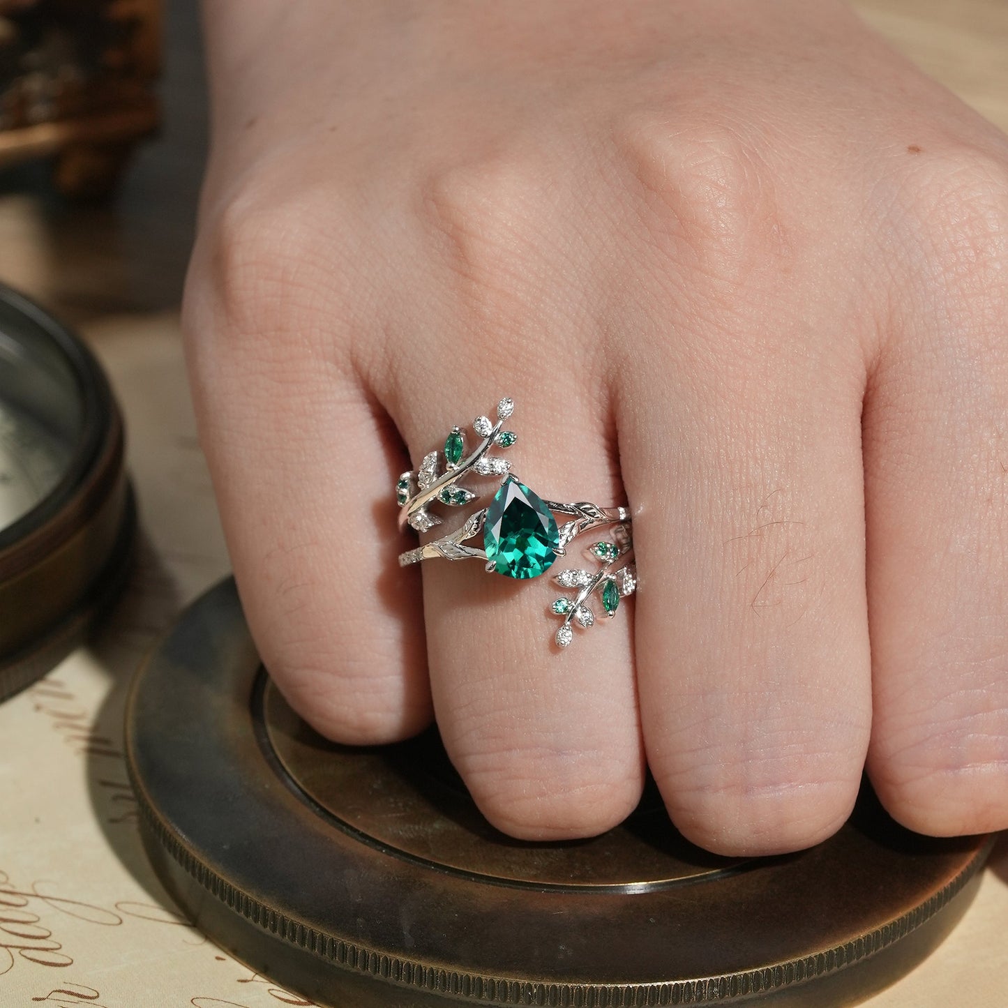Aphrodite's Enchanted Vine | White Gold Emerald Engagement Ring Set - Marigold - GemsMagic