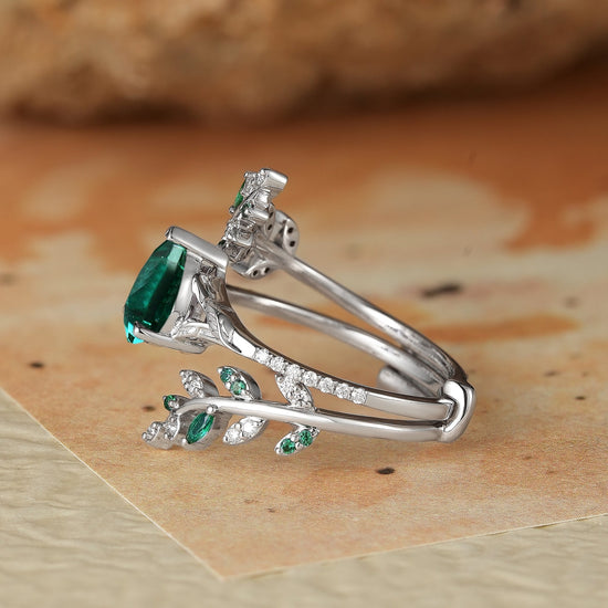 Aphrodite's Enchanted Vine | White Gold Emerald Engagement Ring Set - Marigold - GemsMagic