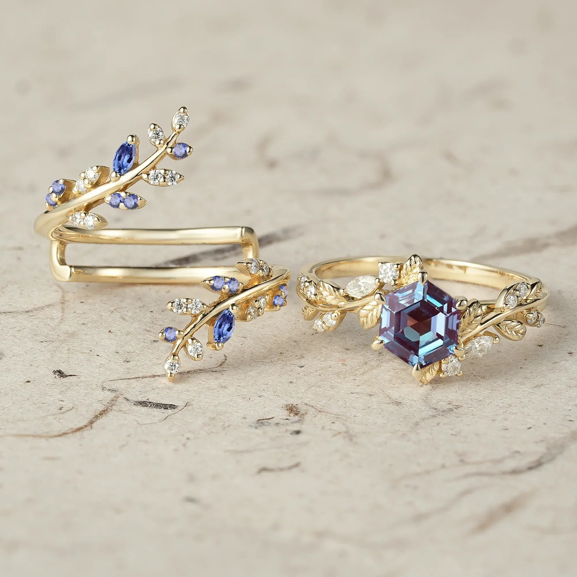 Aphrodite's Hexagon Cut Alexandrite Asymmetric Leaf Enhancer Ring Set - Eliza - GemsMagic