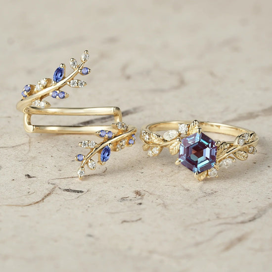 Aphrodite's Hexagon Cut Alexandrite Asymmetric Leaf Enhancer Ring Set - Eliza - GemsMagic