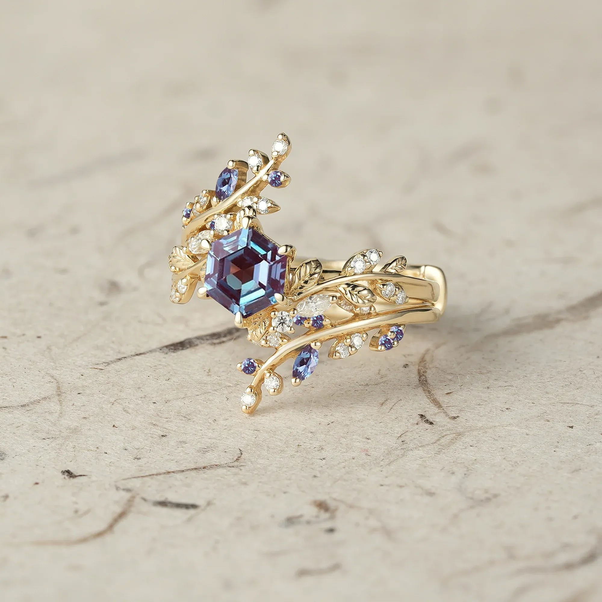 Aphrodite's Hexagon Cut Alexandrite Asymmetric Leaf Enhancer Ring Set - Eliza - GemsMagic
