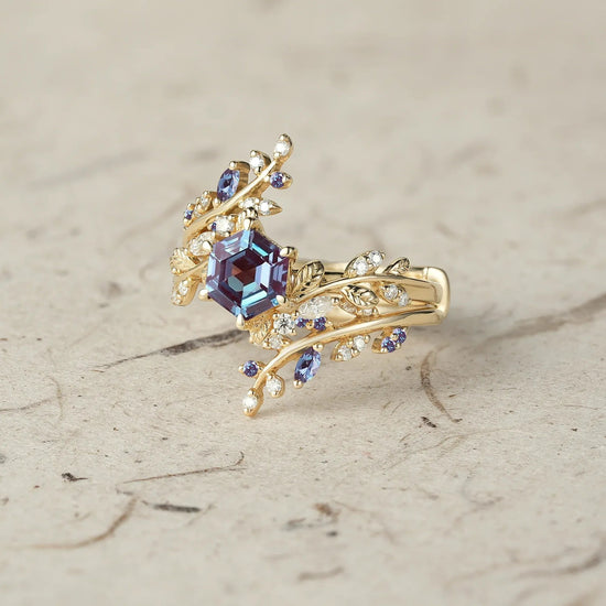 Aphrodite's Hexagon Cut Alexandrite Asymmetric Leaf Enhancer Ring Set - Eliza - GemsMagic