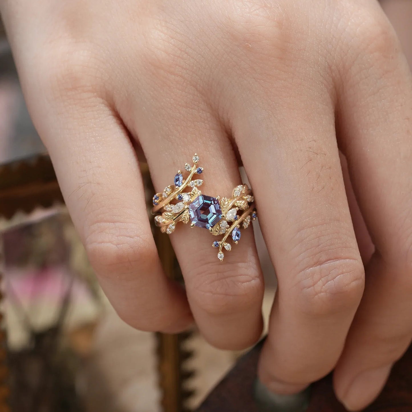 Aphrodite's Hexagon Cut Alexandrite Asymmetric Leaf Enhancer Ring Set - Eliza - GemsMagic