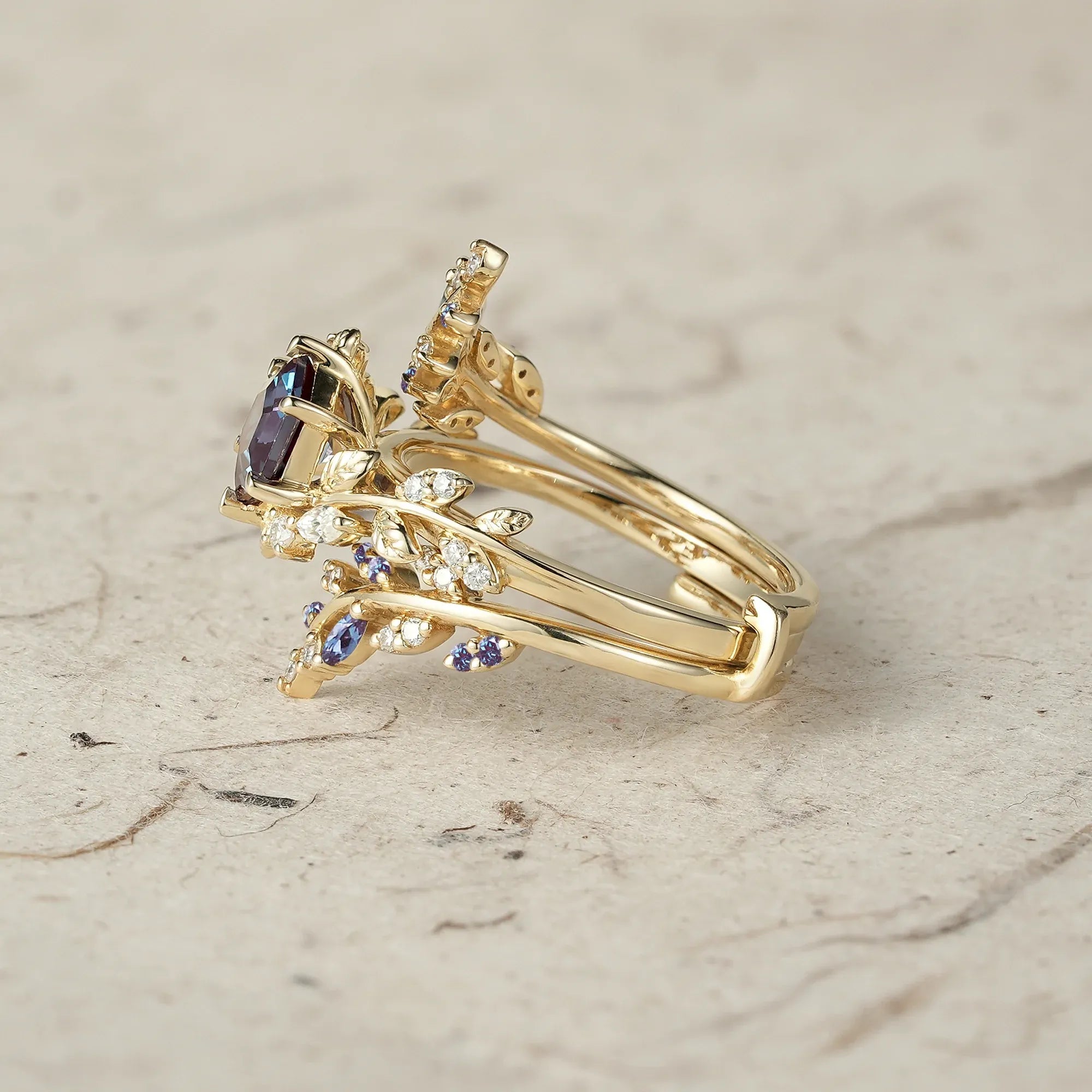 Aphrodite's Hexagon Cut Alexandrite Asymmetric Leaf Enhancer Ring Set - Eliza - GemsMagic