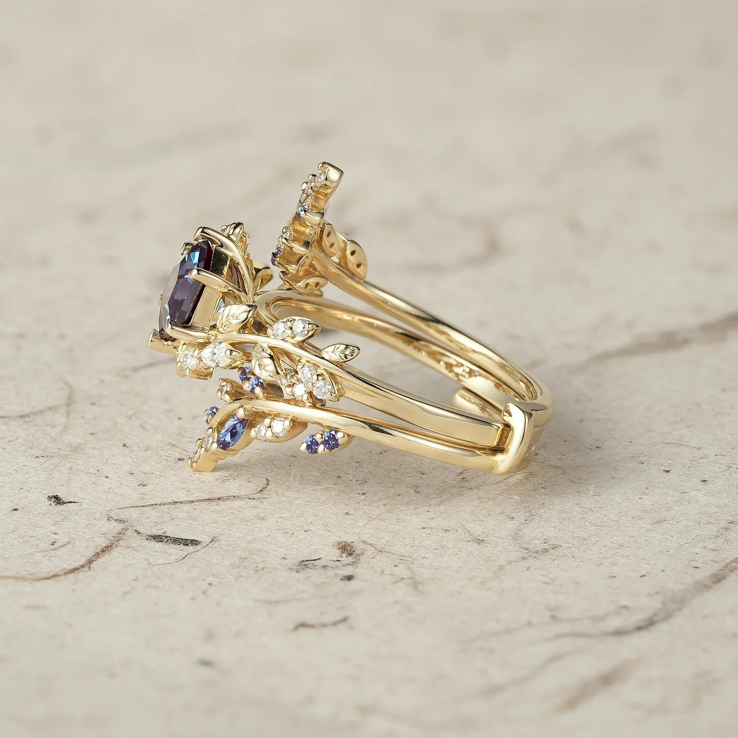 Aphrodite's Hexagon Cut Alexandrite Asymmetric Leaf Enhancer Ring Set - Eliza - GemsMagic