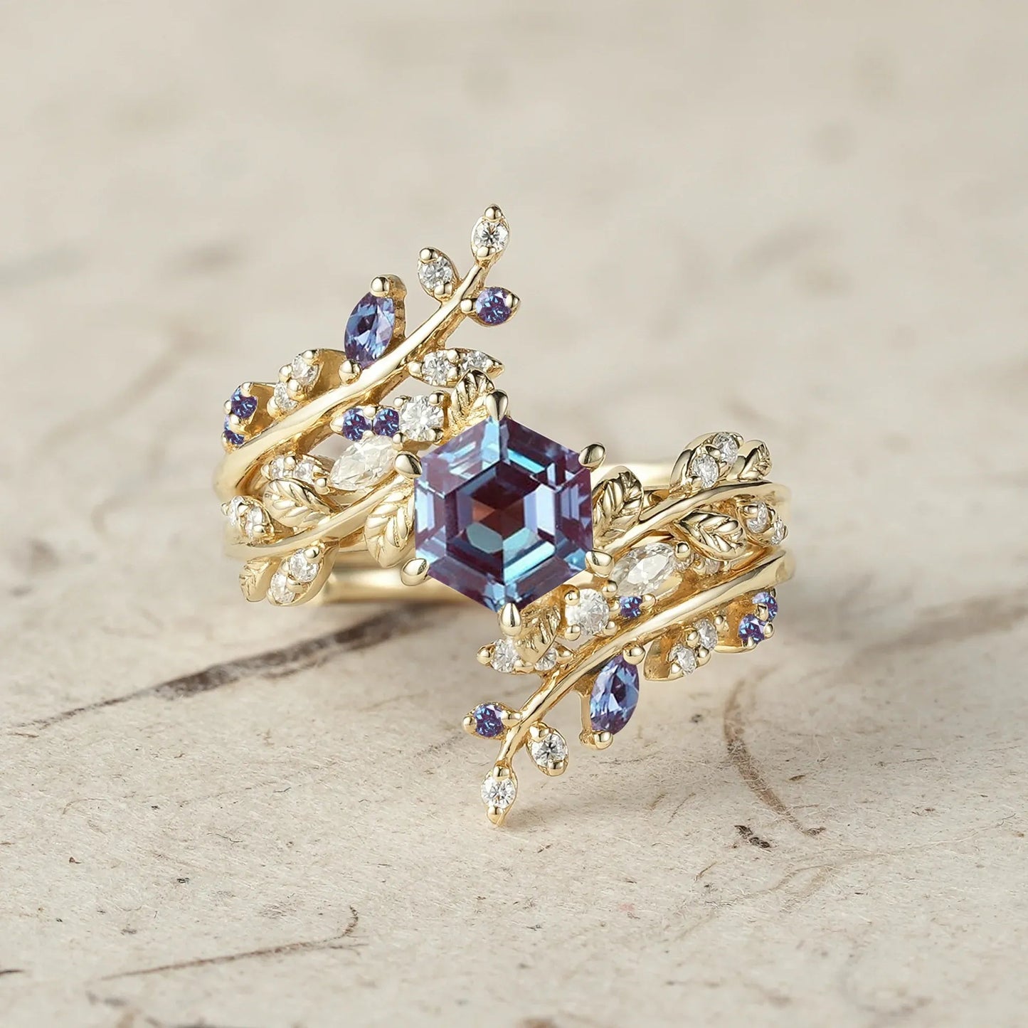 Aphrodite's Hexagon Cut Alexandrite Asymmetric Leaf Enhancer Ring Set - Eliza - GemsMagic
