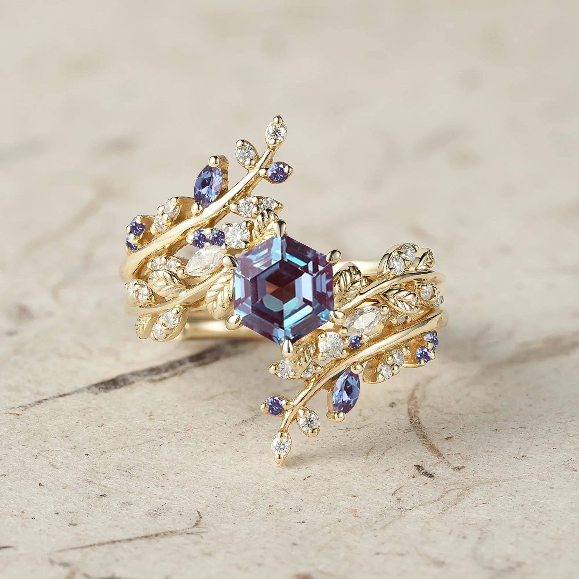Aphrodite's Hexagon Cut Alexandrite Asymmetric Leaf Enhancer Ring Set - Eliza - GemsMagic