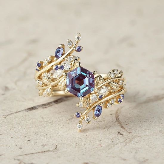 Aphrodite's Hexagon Cut Alexandrite Asymmetric Leaf Enhancer Ring Set - Eliza - GemsMagic