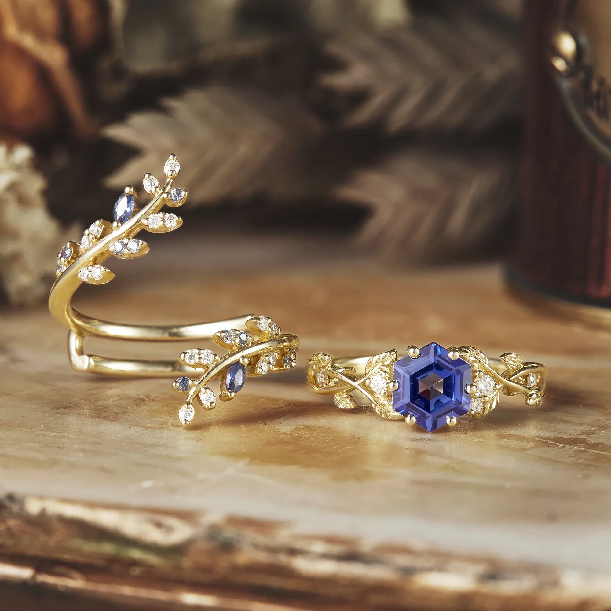 Aphrodite's Hexagon Sapphire Vine Ring Set | Clio - GemsMagic