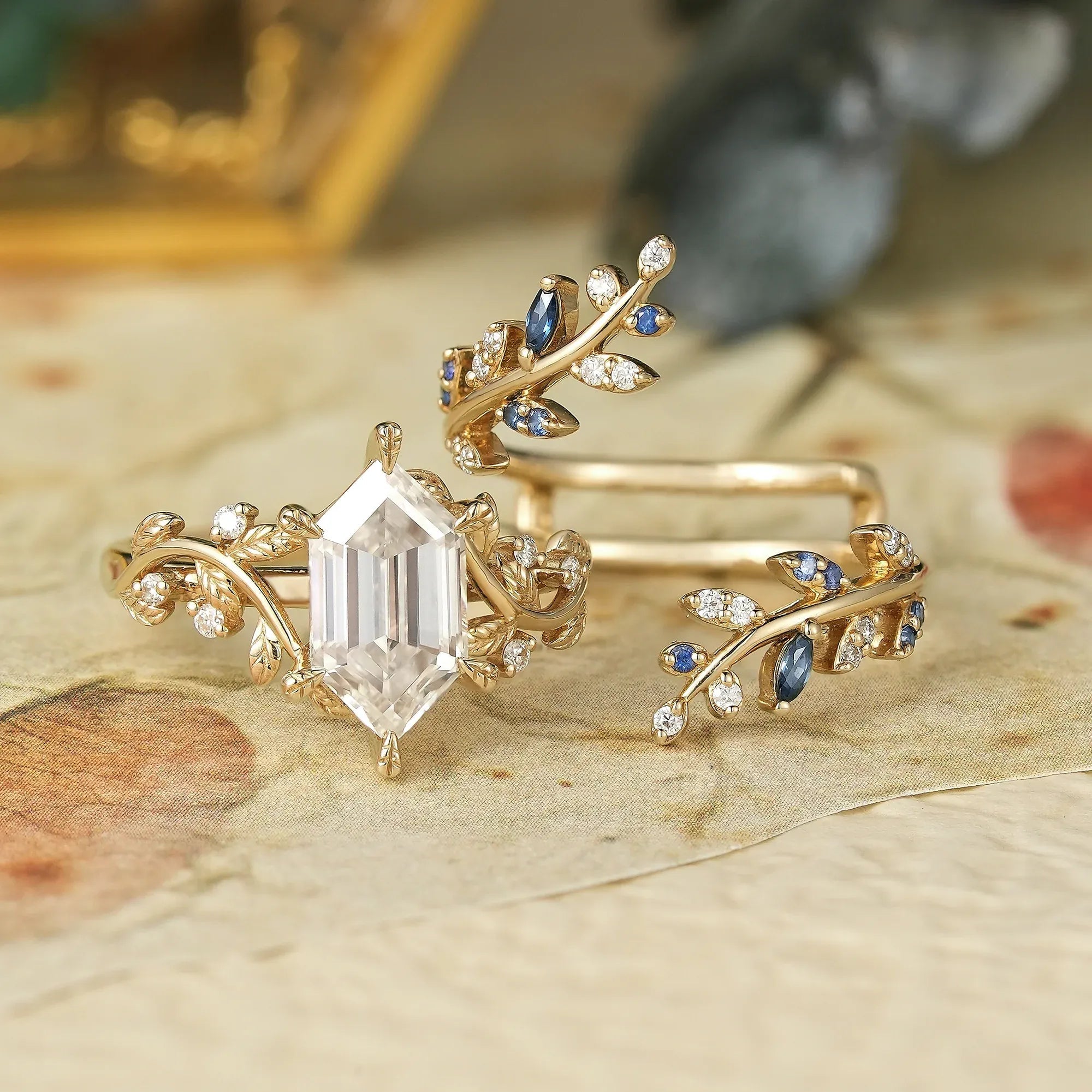 Aphrodite's Long - Hexagon - Cut Moissanite Vine Ring with Blue Sapphires - Oriana - GemsMagic