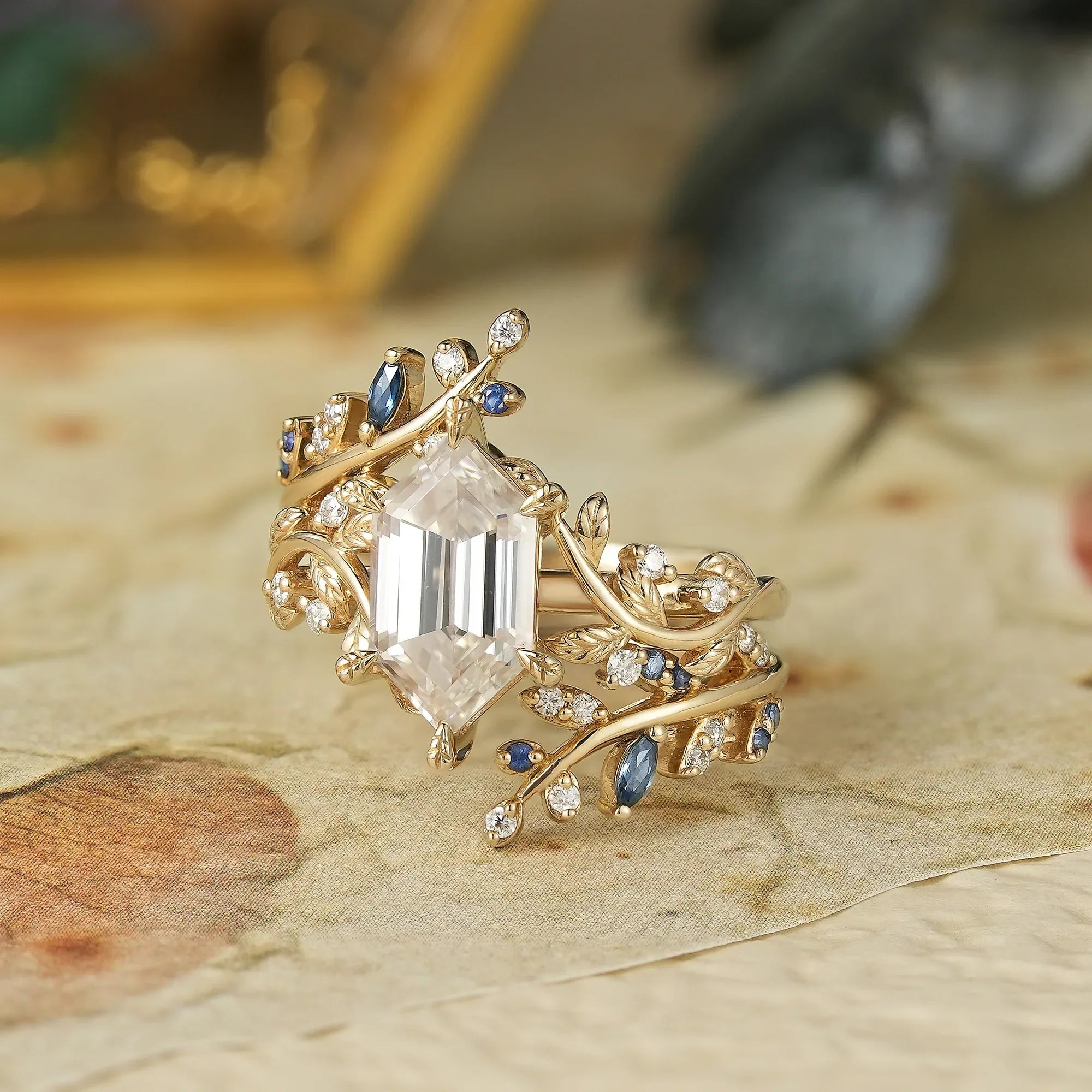 Aphrodite's Long - Hexagon - Cut Moissanite Vine Ring with Blue Sapphires - Oriana - GemsMagic