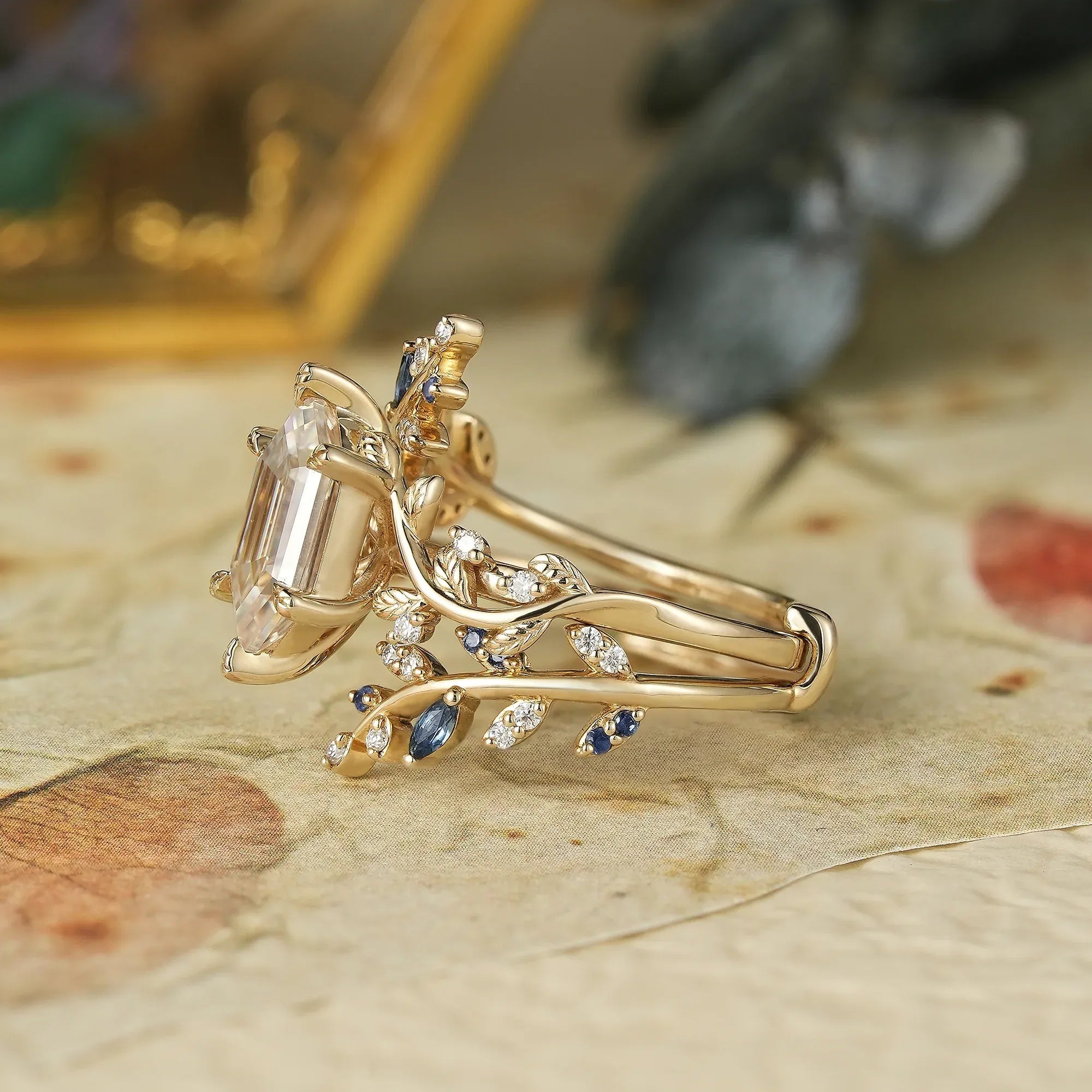 Aphrodite's Long - Hexagon - Cut Moissanite Vine Ring with Blue Sapphires - Oriana - GemsMagic