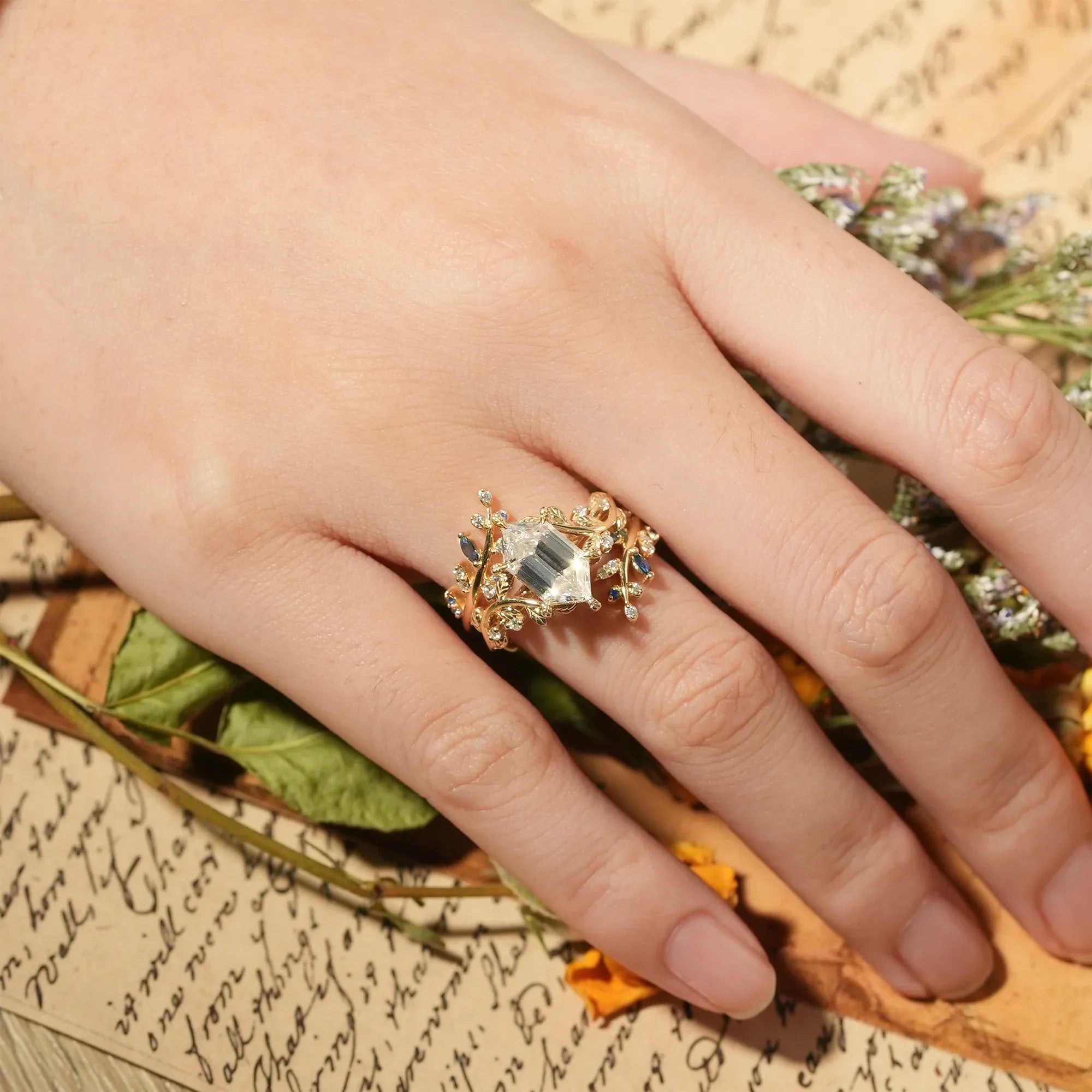 Aphrodite's Long - Hexagon - Cut Moissanite Vine Ring with Blue Sapphires - Oriana - GemsMagic