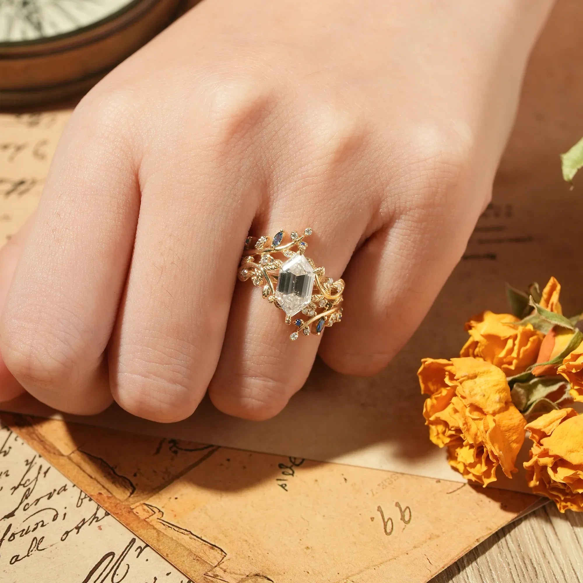 Aphrodite's Long - Hexagon - Cut Moissanite Vine Ring with Blue Sapphires - Oriana - GemsMagic