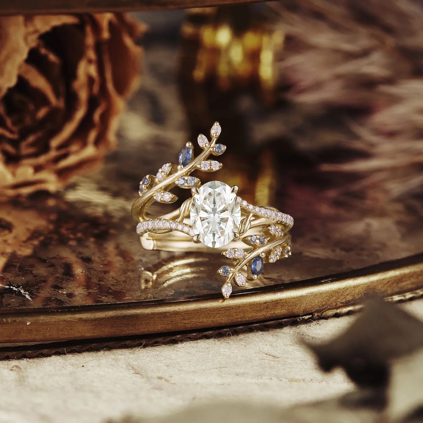 Aphrodite's Nature - Inspired Moissanite and Sapphire Ring Set - Aurora - GemsMagic