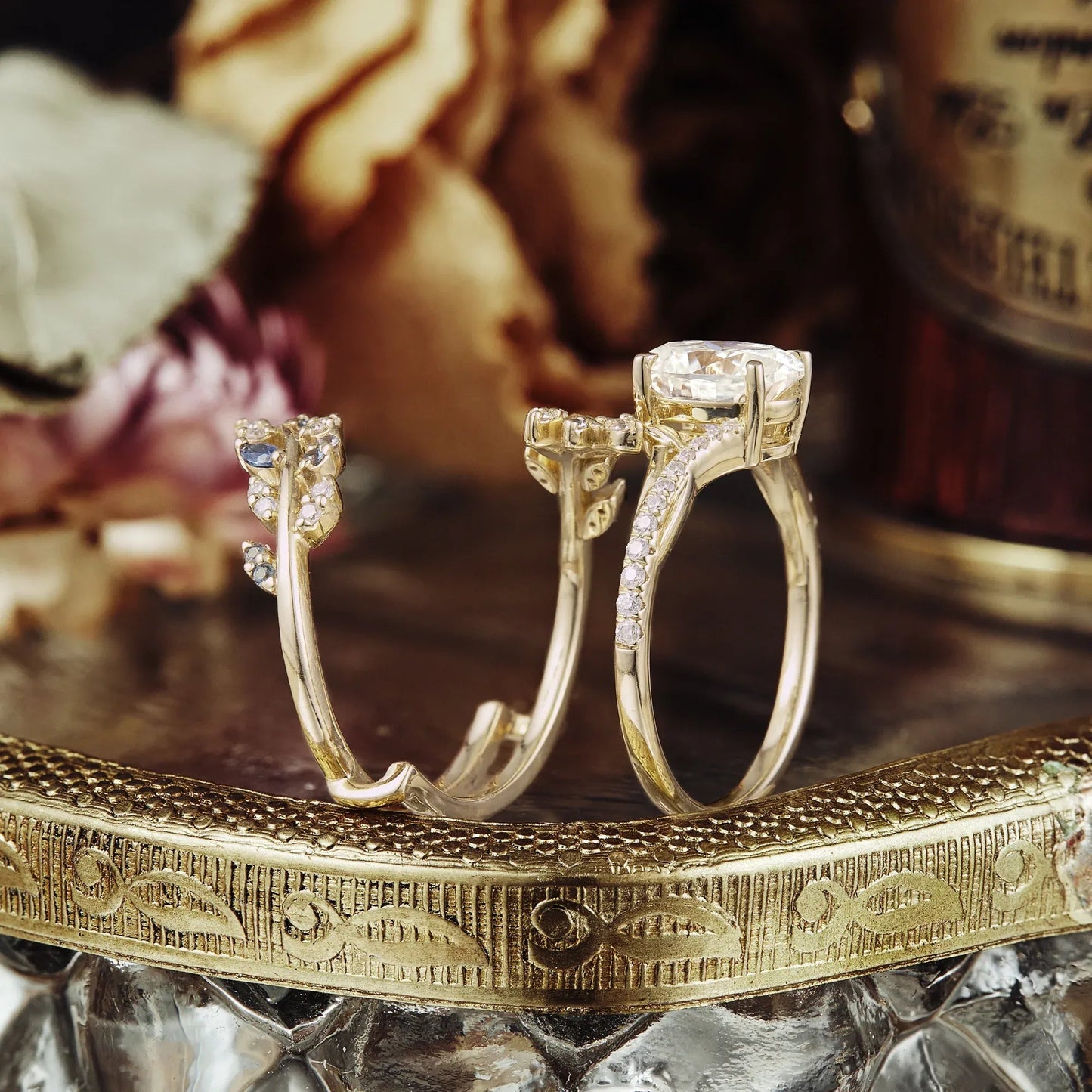 Aphrodite's Nature - Inspired Moissanite and Sapphire Ring Set - Aurora - GemsMagic