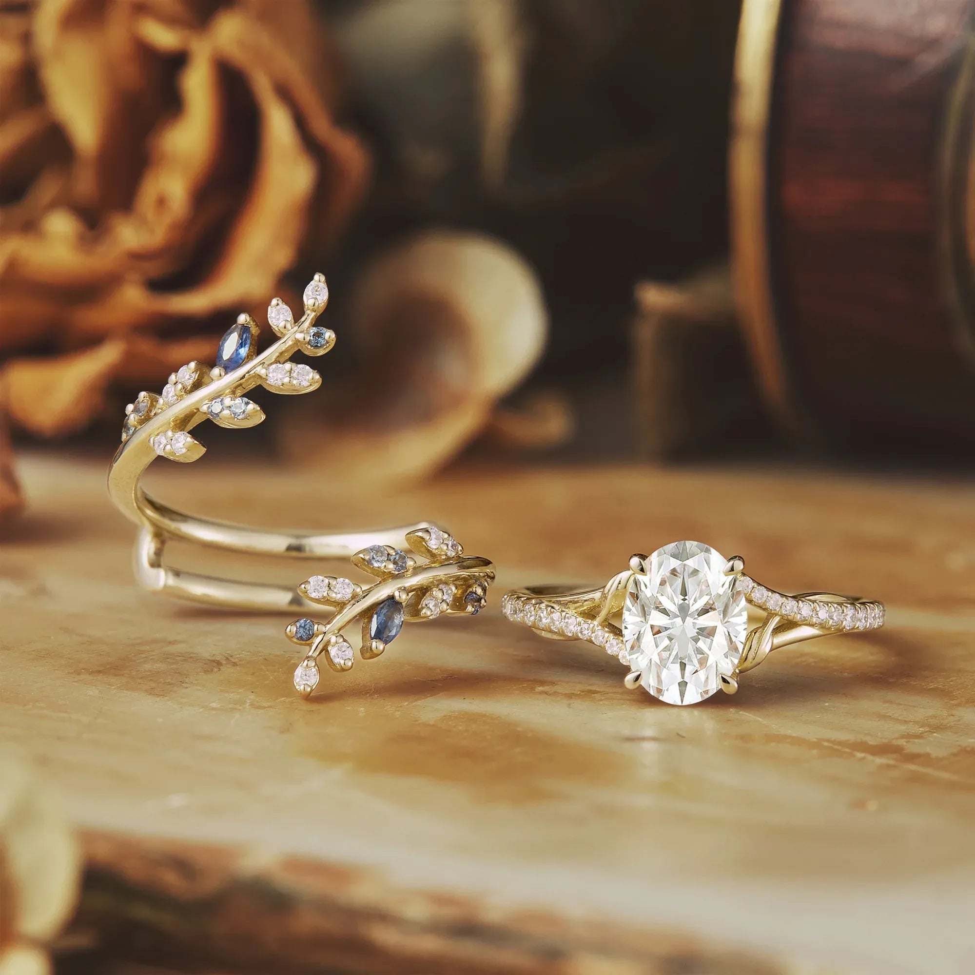 Aphrodite's Nature - Inspired Moissanite and Sapphire Ring Set - Aurora - GemsMagic