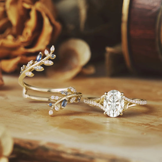 Aphrodite's Nature - Inspired Moissanite and Sapphire Ring Set - Aurora - GemsMagic
