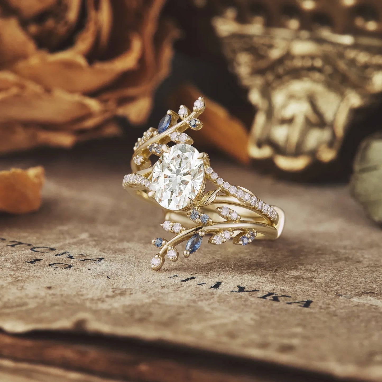 Aphrodite's Nature - Inspired Moissanite and Sapphire Ring Set - Aurora - GemsMagic