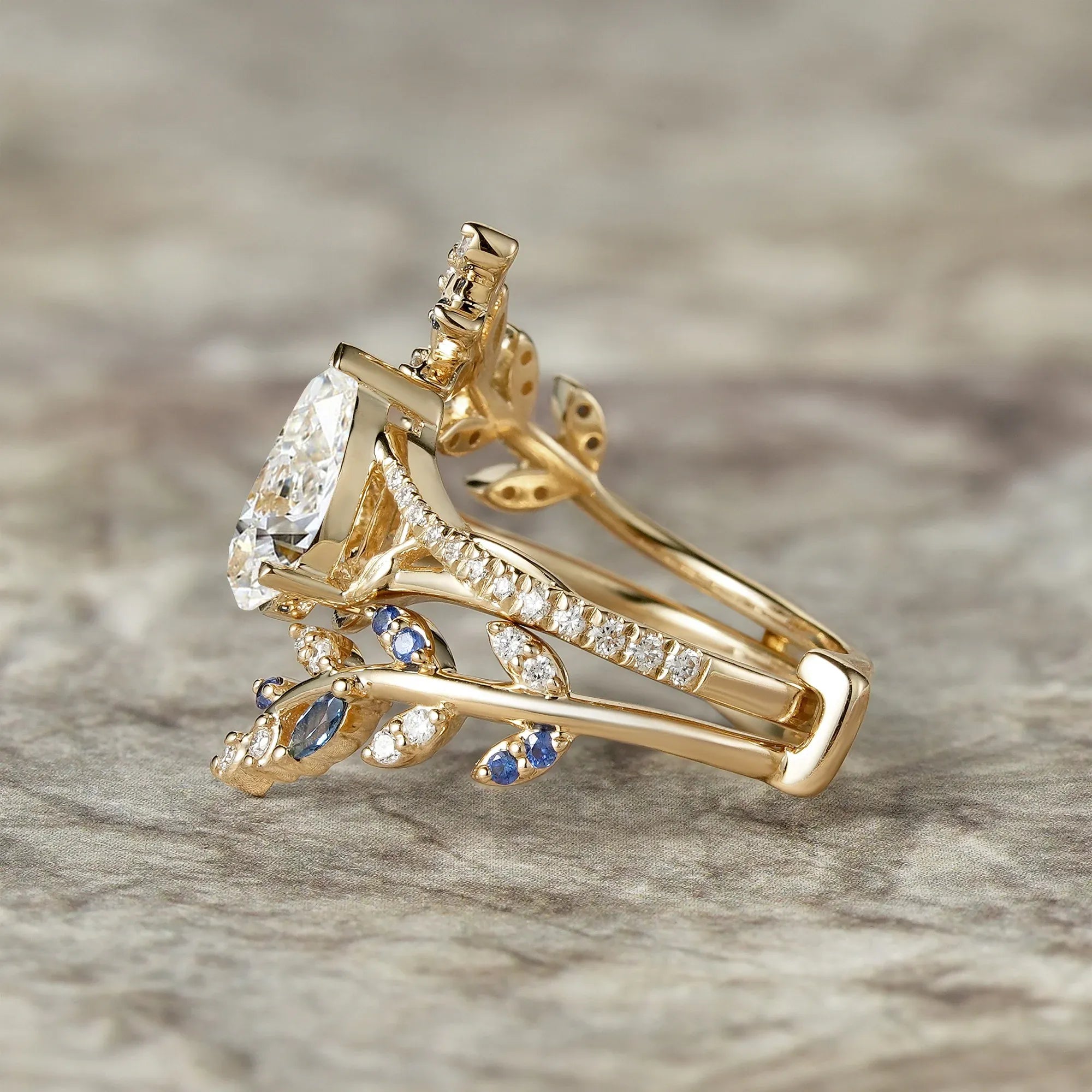 Aphrodite's Nature - Inspired Pear Cut Moissanite and Sapphire Ring Set - Aurora - GemsMagic