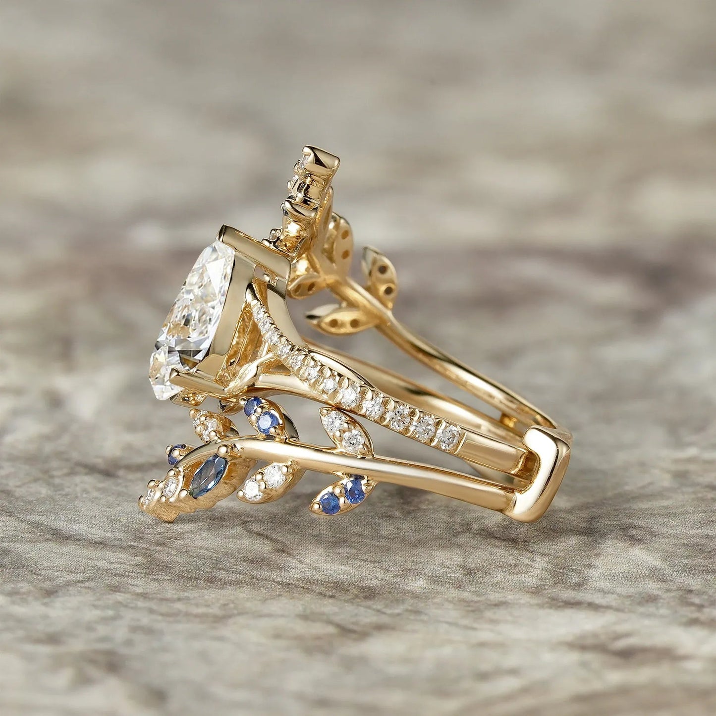 Aphrodite's Nature - Inspired Pear Cut Moissanite and Sapphire Ring Set - Aurora - GemsMagic