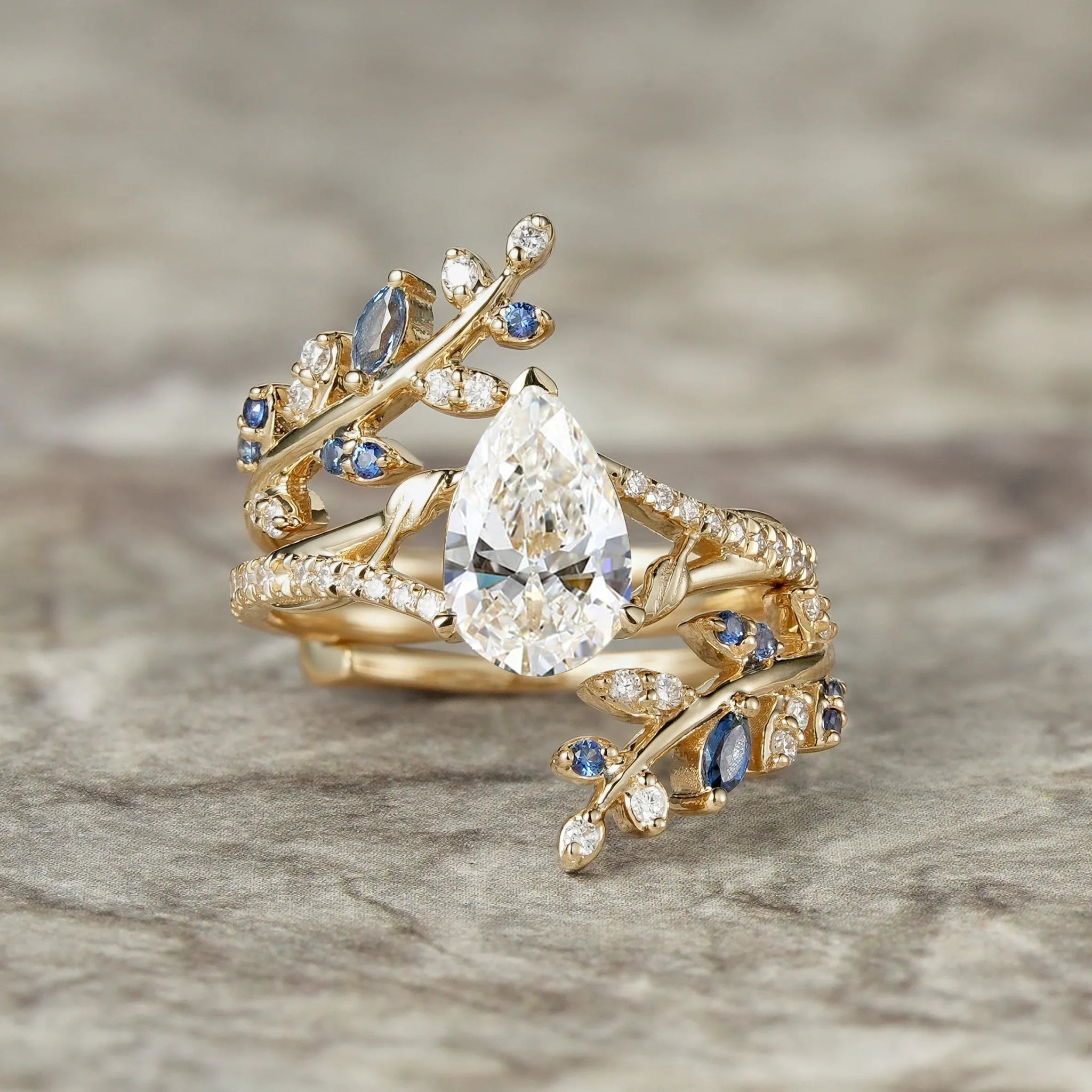 Aphrodite's Nature - Inspired Pear Cut Moissanite and Sapphire Ring Set - Aurora - GemsMagic