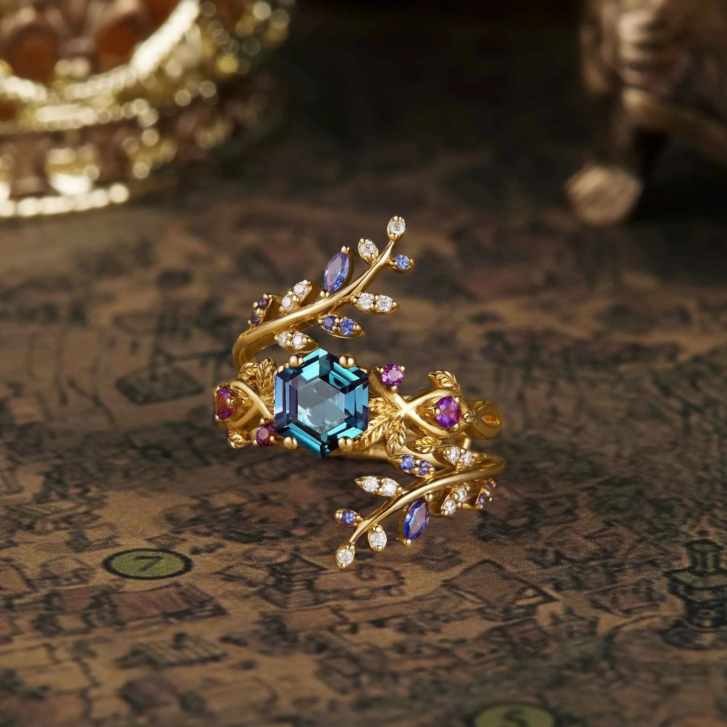Aphrodite's Rhododendron Catawbiense Inspired Alexandrite Ring Set - Thala - GemsMagic