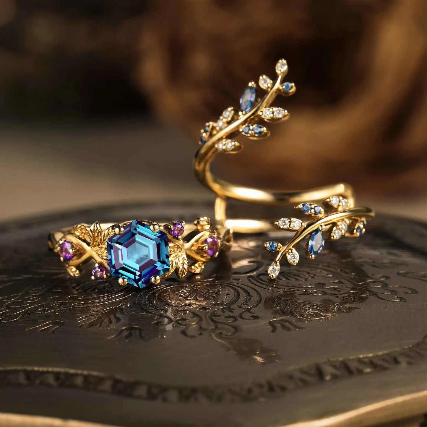 Aphrodite's Rhododendron Catawbiense Inspired Alexandrite Ring Set - Thala - GemsMagic