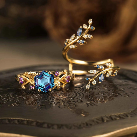 Aphrodite's Rhododendron Catawbiense Inspired Alexandrite Ring Set - Thala - GemsMagic