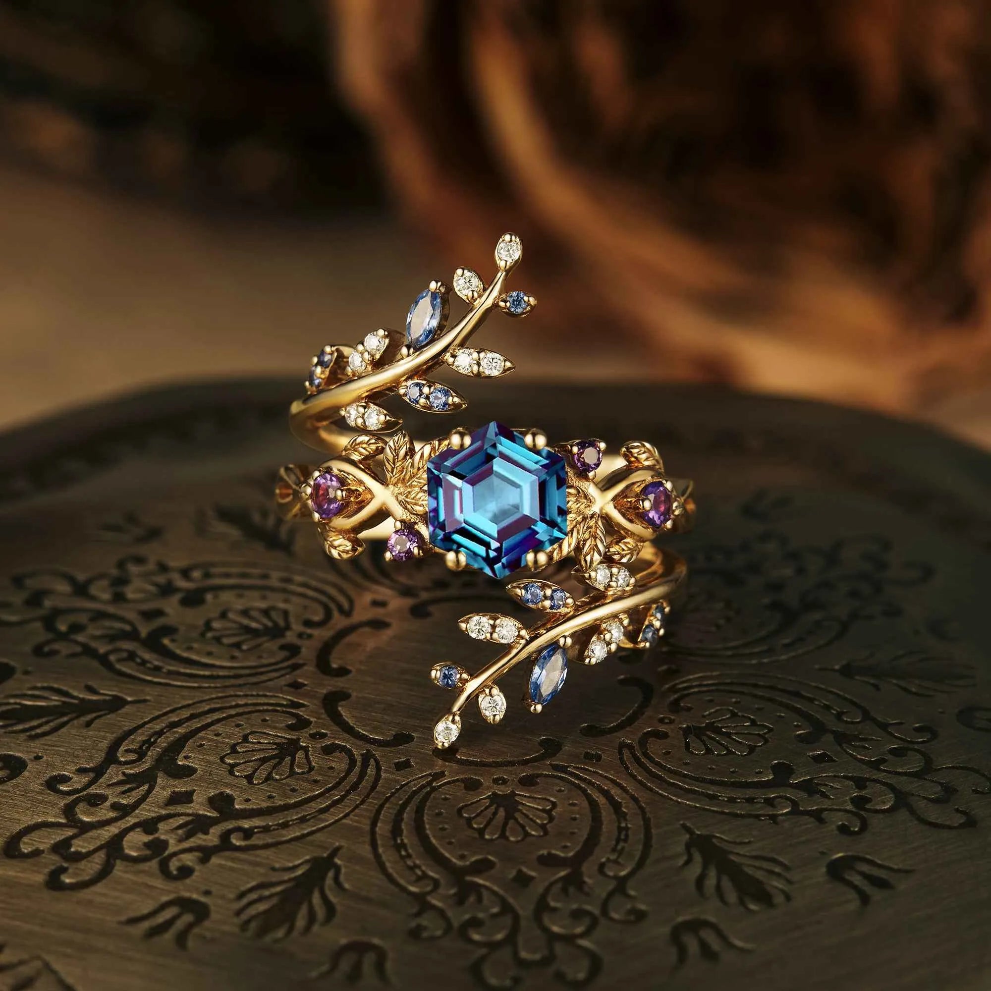 Aphrodite's Rhododendron Catawbiense Inspired Alexandrite Ring Set - Thala - GemsMagic