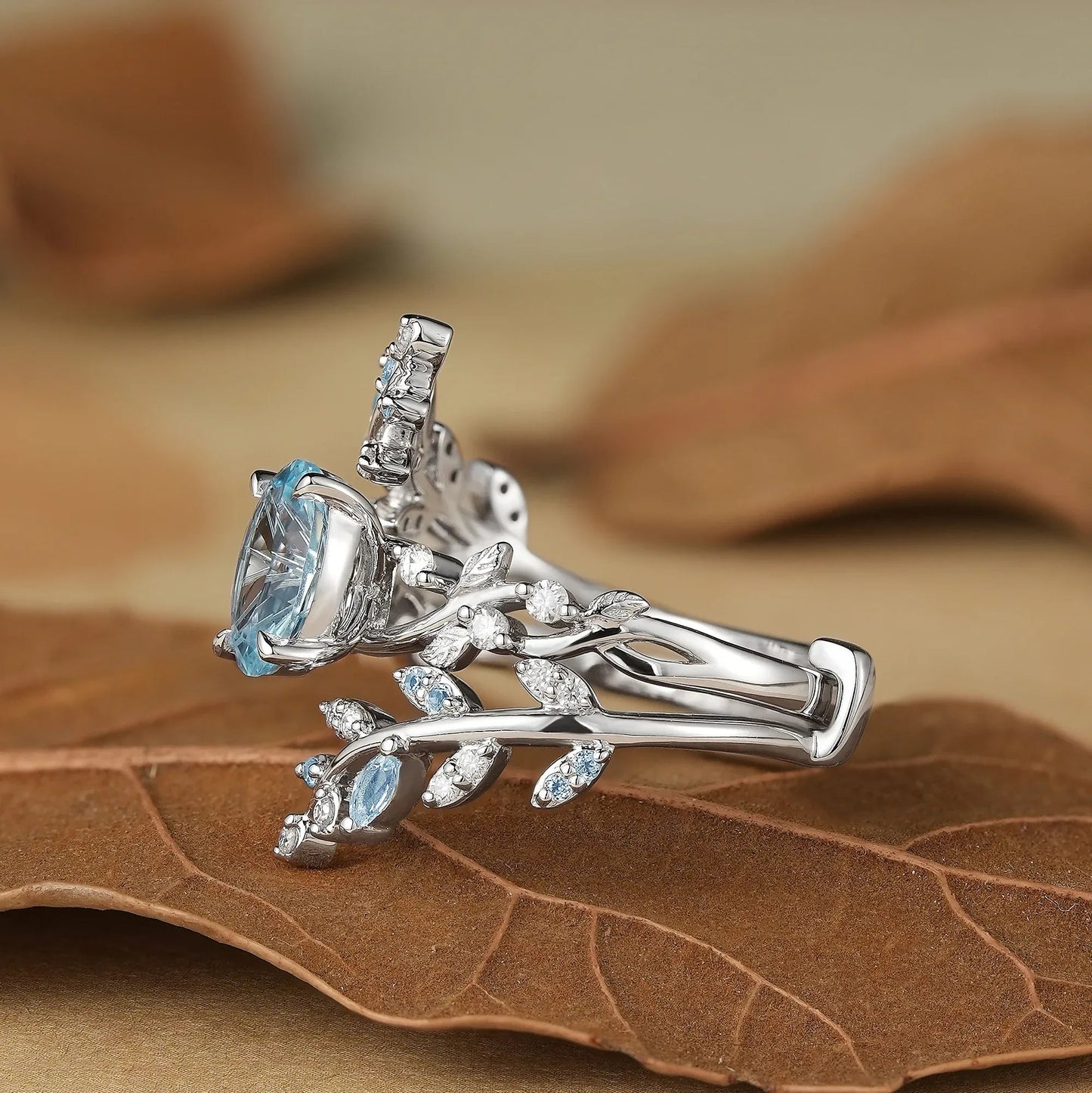 Aphrodite's Sparkle Cut Lab Grown Aquamarine Cross Leaf Ehancer Ring Set - Kira - GemsMagic