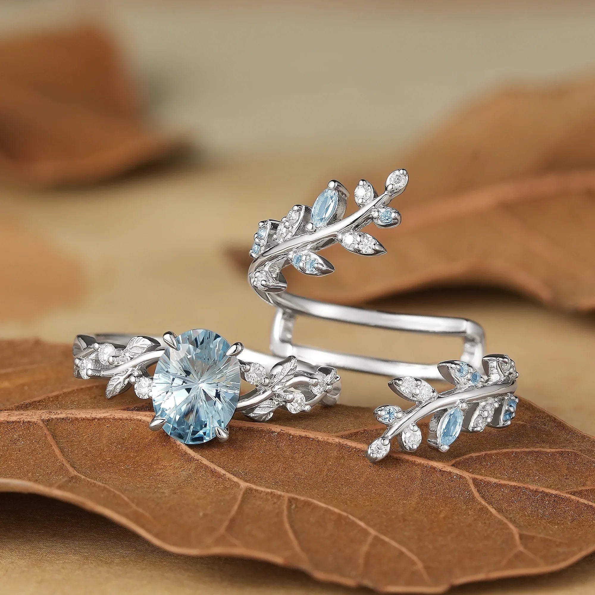 Aphrodite's Sparkle Cut Lab Grown Aquamarine Cross Leaf Ehancer Ring Set - Kira - GemsMagic