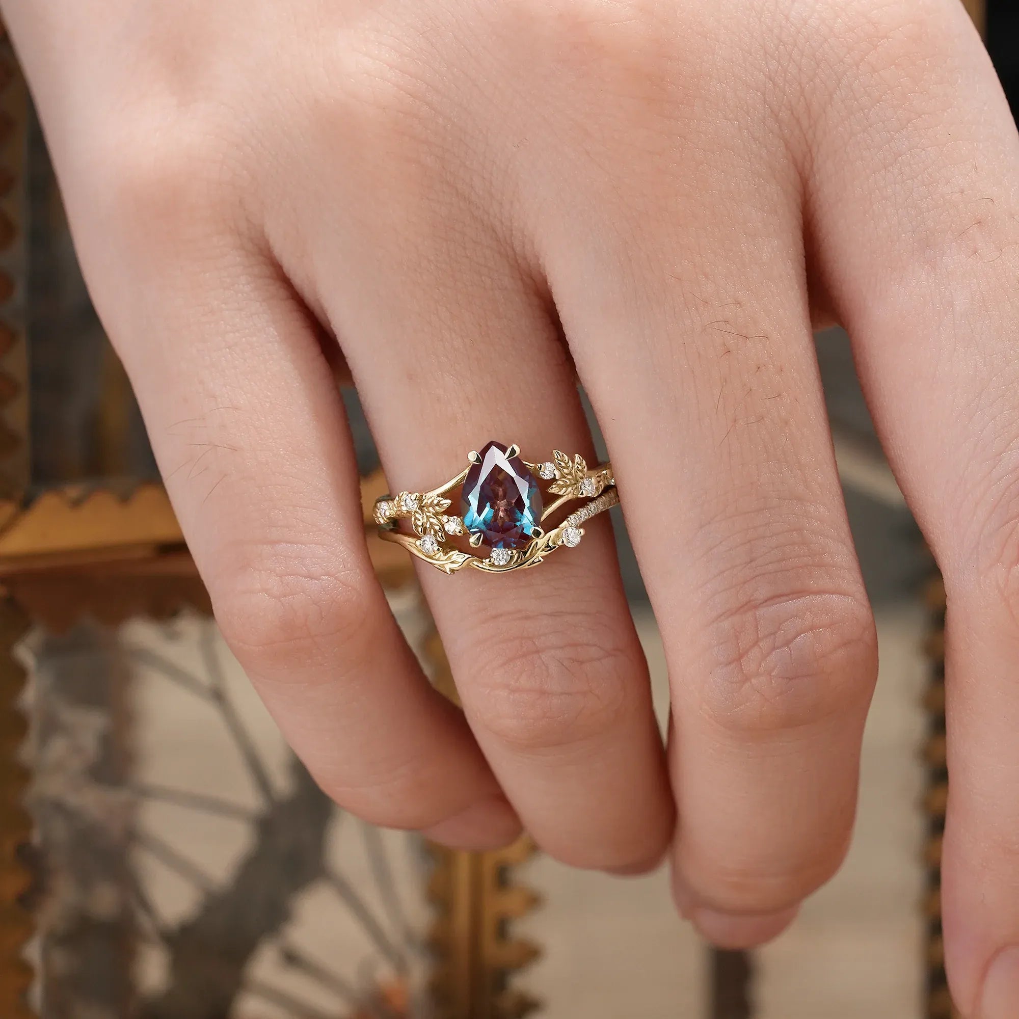 Artisan Asymmetrical Alexandrite Leaf Bridal Set - GemsMagic