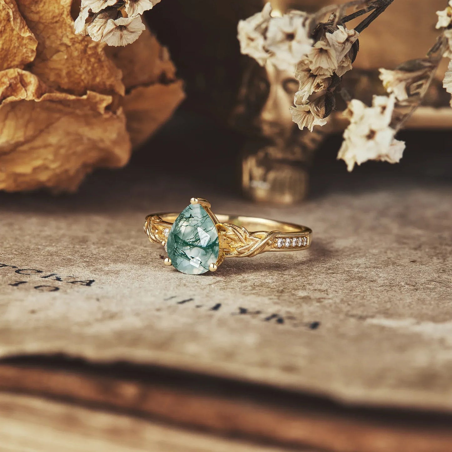 Asymmetric Pear Shape Moss Agate Engagement Ring - Avery - GemsMagic