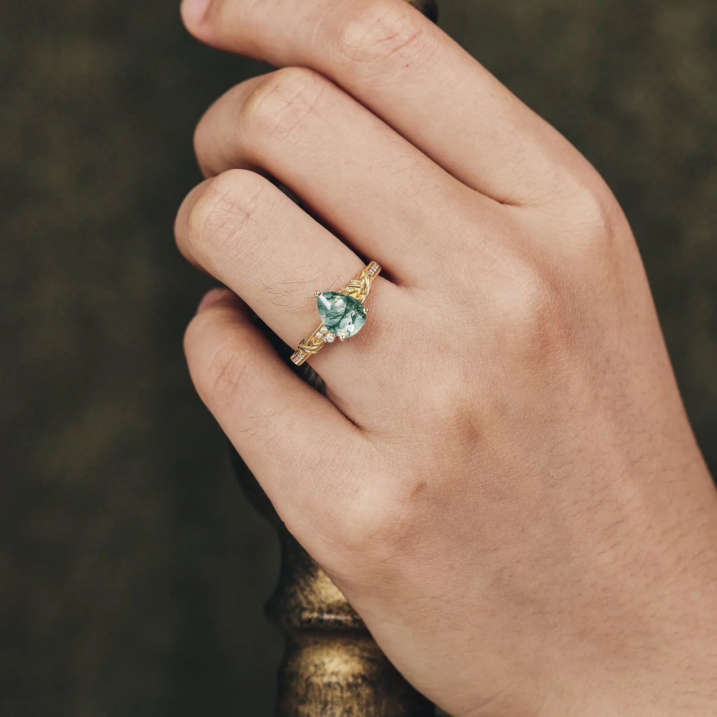 Asymmetric Pear Shape Moss Agate Engagement Ring - Avery - GemsMagic